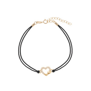 Srebrna pozłacana bransoletka 925 dwa serca czarny sznurek