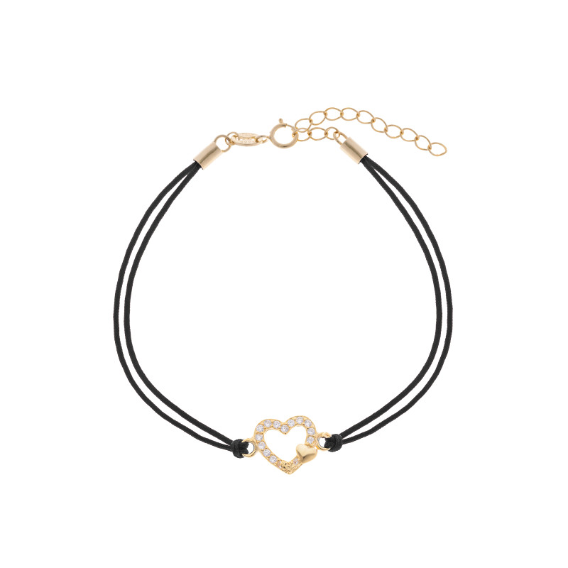Srebrna pozłacana bransoletka 925 dwa serca czarny sznurek