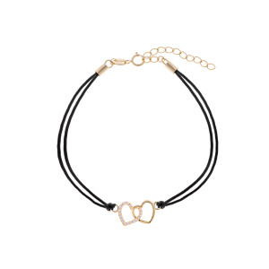 Srebrna pozłacana bransoletka 925 połączone serca czarny sznurek