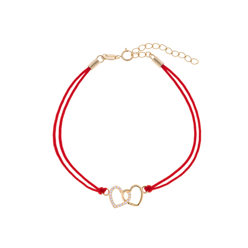 Srebrna pozłacana bransoletka 925 połączone serca czerwony sznurek