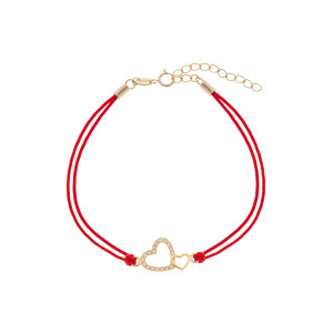 Srebrna pozłacana bransoletka 925 połączone serca ażurowe czerwony sznurek