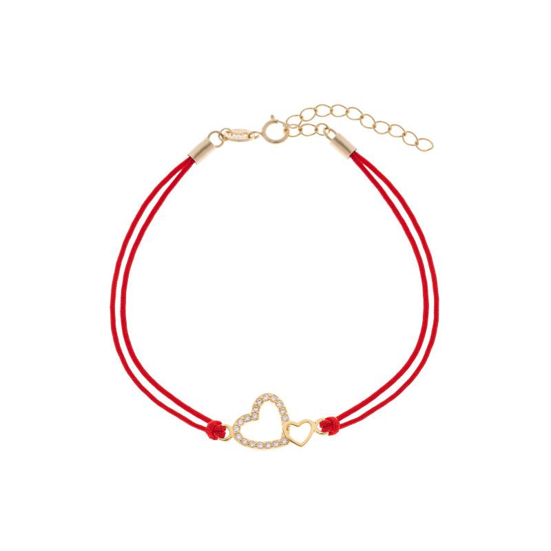 Srebrna pozłacana bransoletka 925 połączone serca ażurowe czerwony sznurek