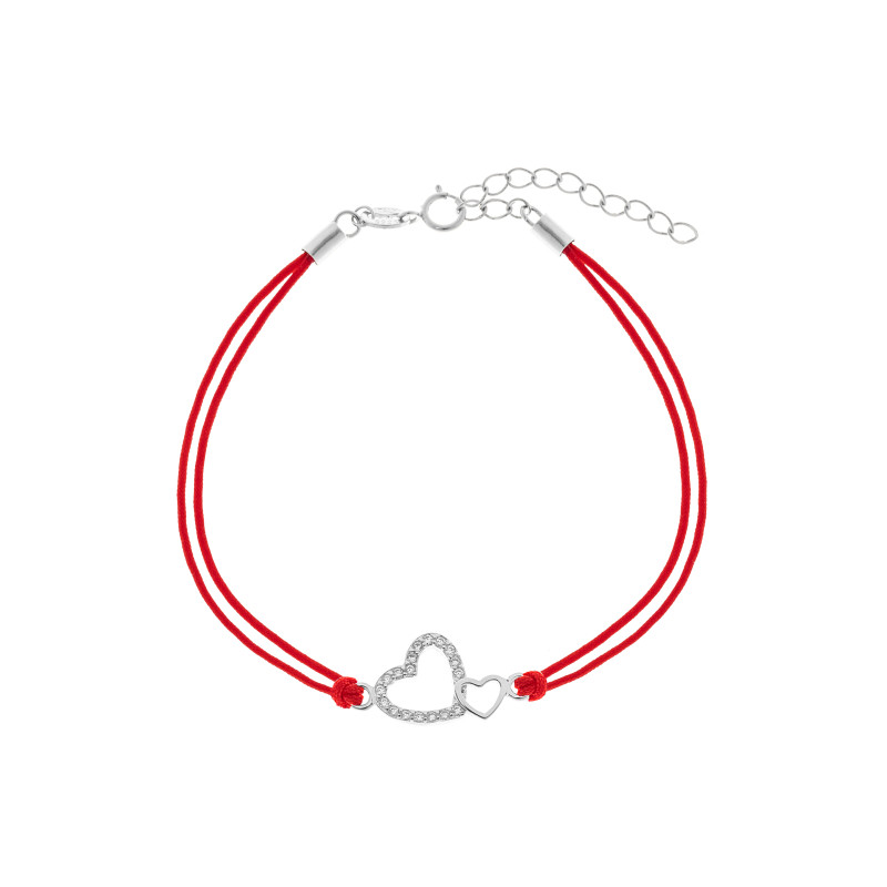 Srebrna bransoletka 925 połączone serca ażurowe czerwony sznurek