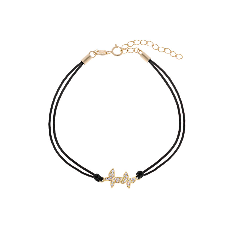 Srebrna pozłacana bransoletka 925 dwa motyle czarny sznurek