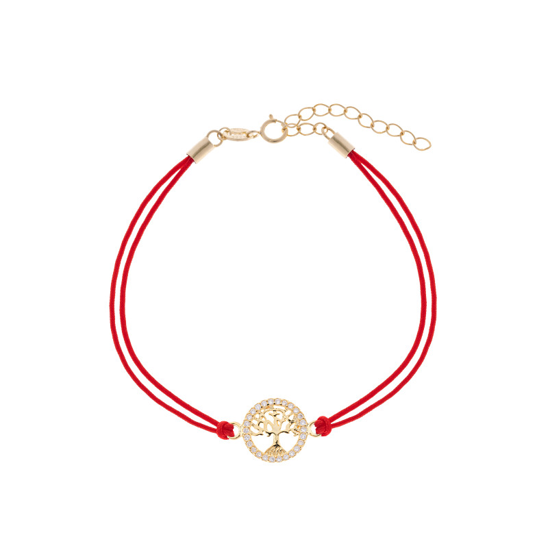 Srebrna pozłacana bransoletka 925 drzewko szczęścia czerwony sznurek