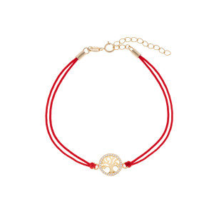 Srebrna pozłacana bransoletka 925 drzewko szczęścia wypukłe czerwony sznurek