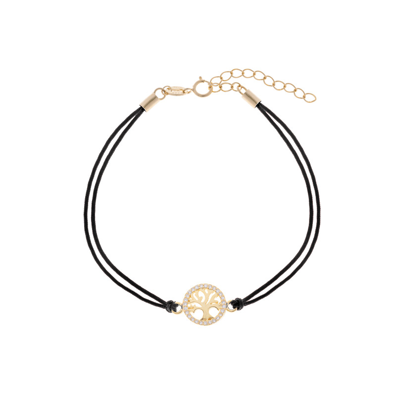 Srebrna pozłacana bransoletka 925 drzewko szczęścia wypukłe czarny sznurek