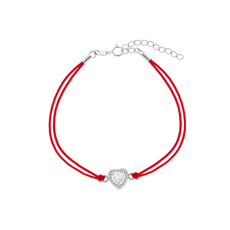 Srebrna bransoletka 925 serce cyrkonia czerwony sznurek