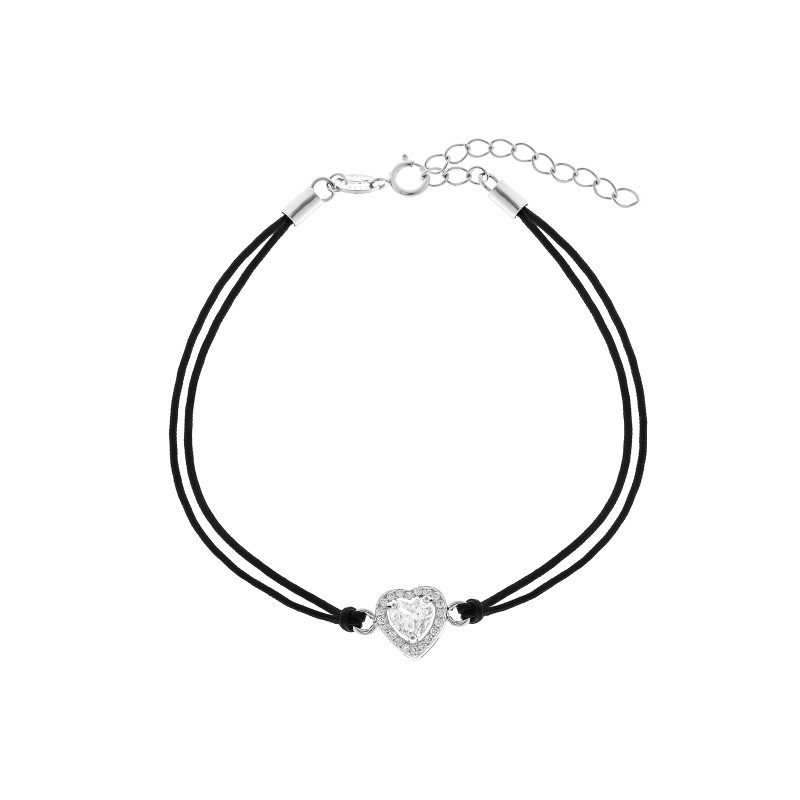 Srebrna bransoletka 925 serce cyrkonia czarny sznurek