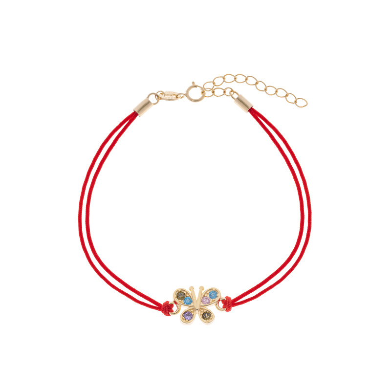 Srebrna pozłacana bransoletka 925 kolorowy motyl czerwony sznurek