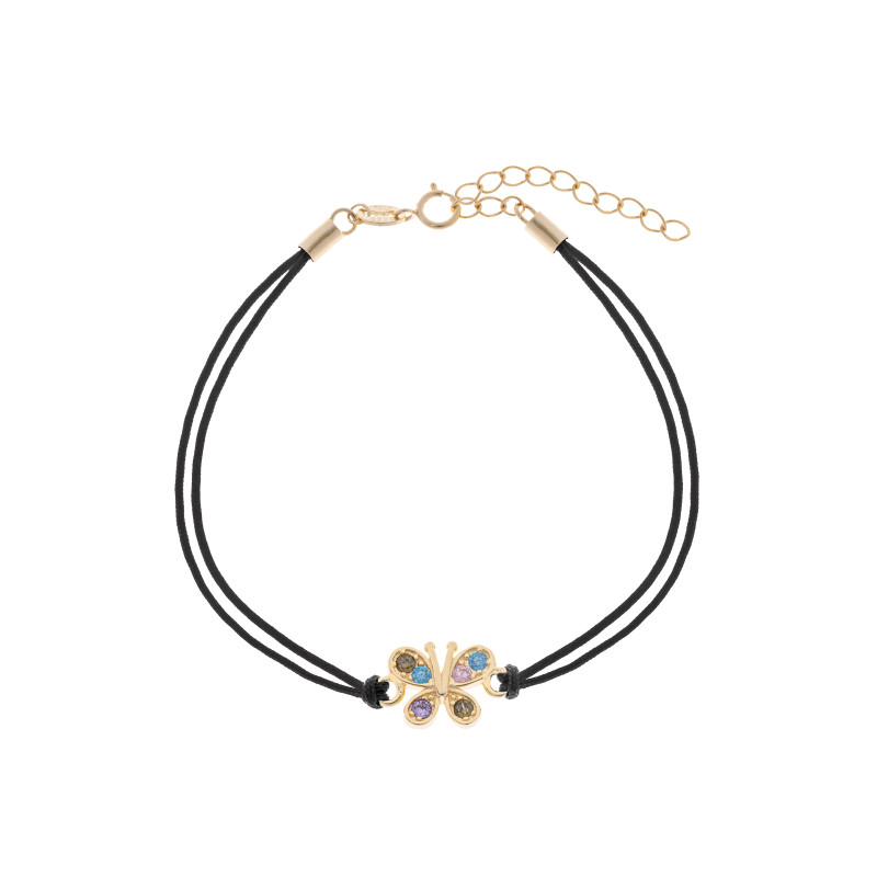 Srebrna pozłacana bransoletka 925 kolorowy motyl czarny sznurek