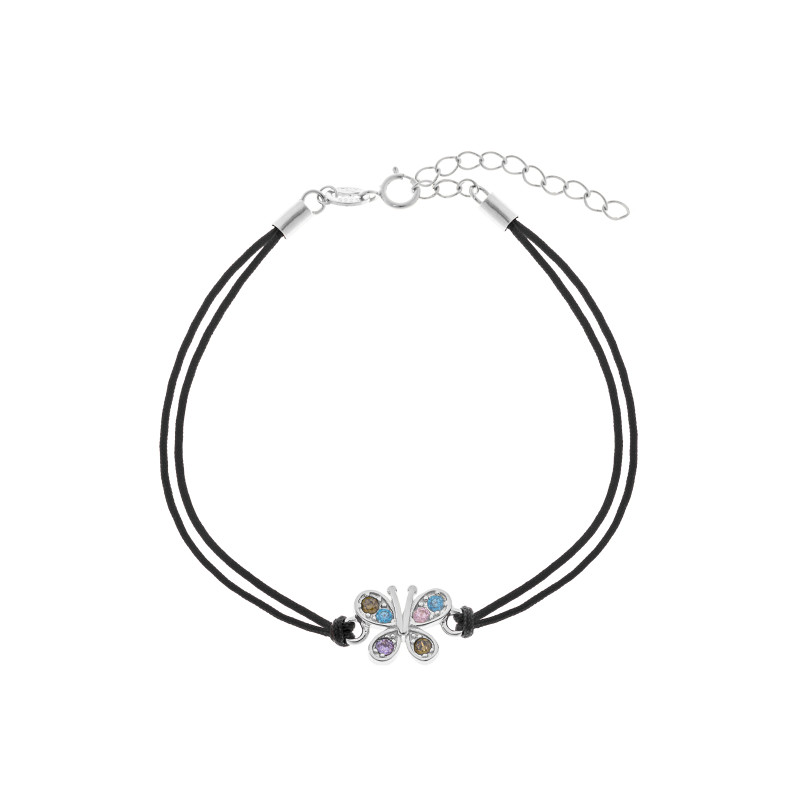 Srebrna bransoletka 925 kolorowy motyl czarny sznurek