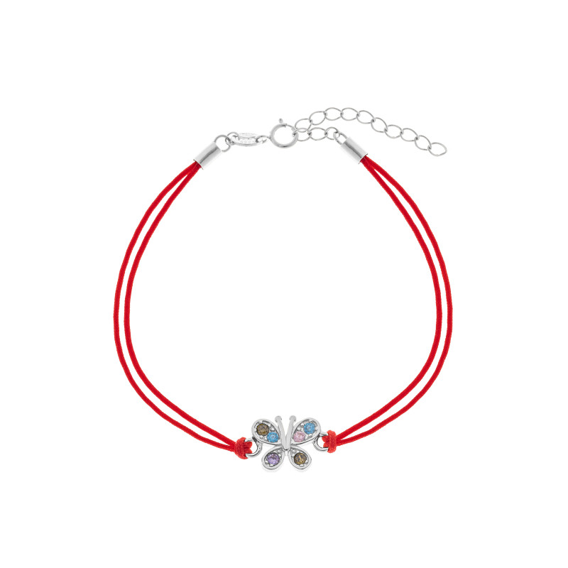 Srebrna bransoletka 925 kolorowy motyl czerwony sznurek
