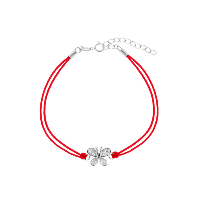 Srebrna bransoletka 925 biały motyl czerwony sznurek