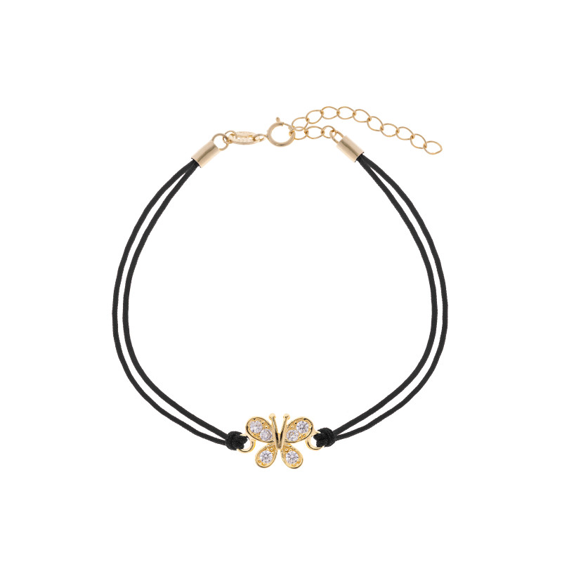 Srebrna pozłacana bransoletka 925 biały motyl czarny sznurek
