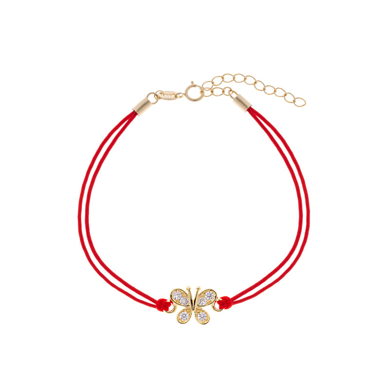 Srebrna pozłacana bransoletka 925 biały motyl czerwony sznurek