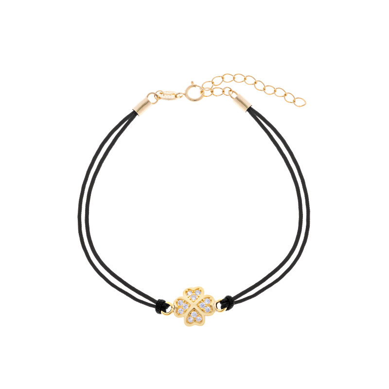 Srebrna pozłacana bransoletka 925 koniczyna cyrkonie czarny sznurek