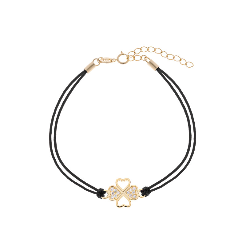 Srebrna pozłacana bransoletka 925 koniczyna 2 płatki cyrkonie czarny sznurek