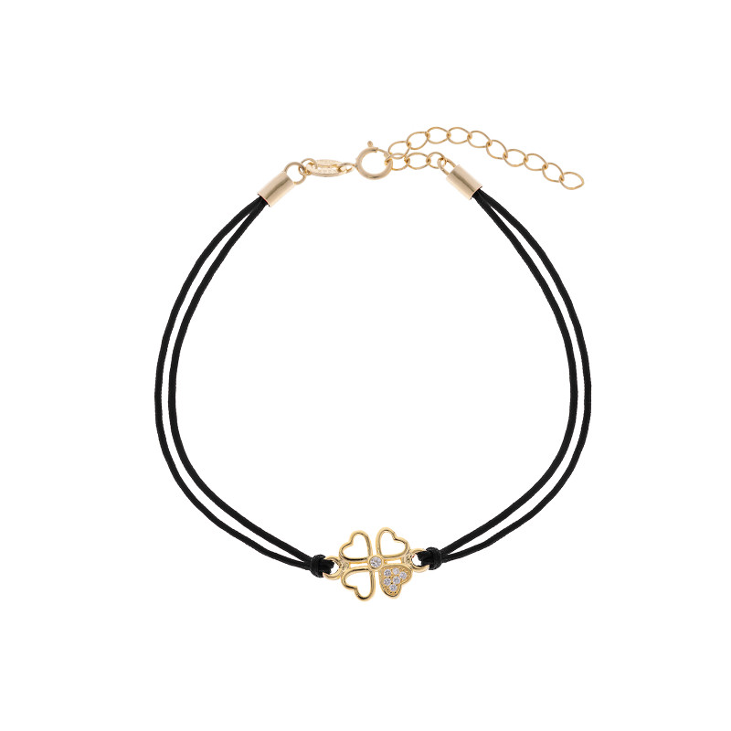 Srebrna pozłacana bransoletka 925 koniczyna płatek cyrkonie czarny sznurek