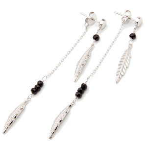 Srebrne kolczyki wiszące listki z onyksami