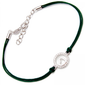 Srebrna bransoletka okrągłe serce zielony sznurek