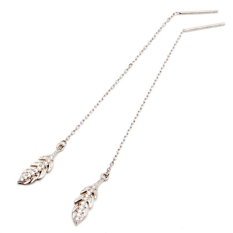 Srebrne kolczyki wiszące listek na łańcuszku