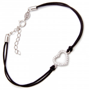 Srebrna bransoletka serduszko czarny sznurek