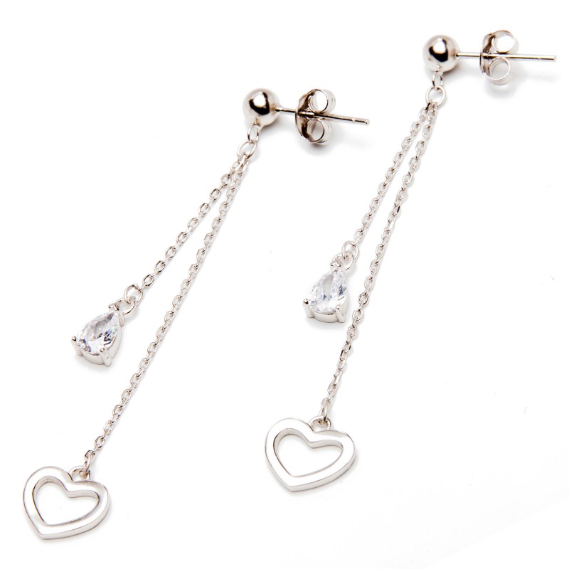 Srebrne kolczyki serduszko na łańcuszku