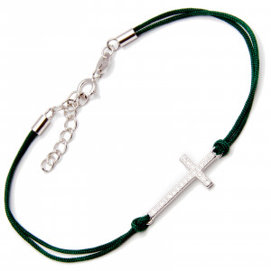Srebrna bransoletka krzyżyk zielony sznurek