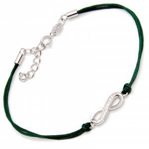 Srebrna bransoletka nieskończoność cyrkonie zielony sznurek