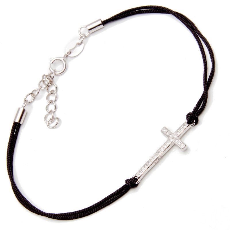 Srebrna bransoletka 925 krzyżyk czarny sznurek