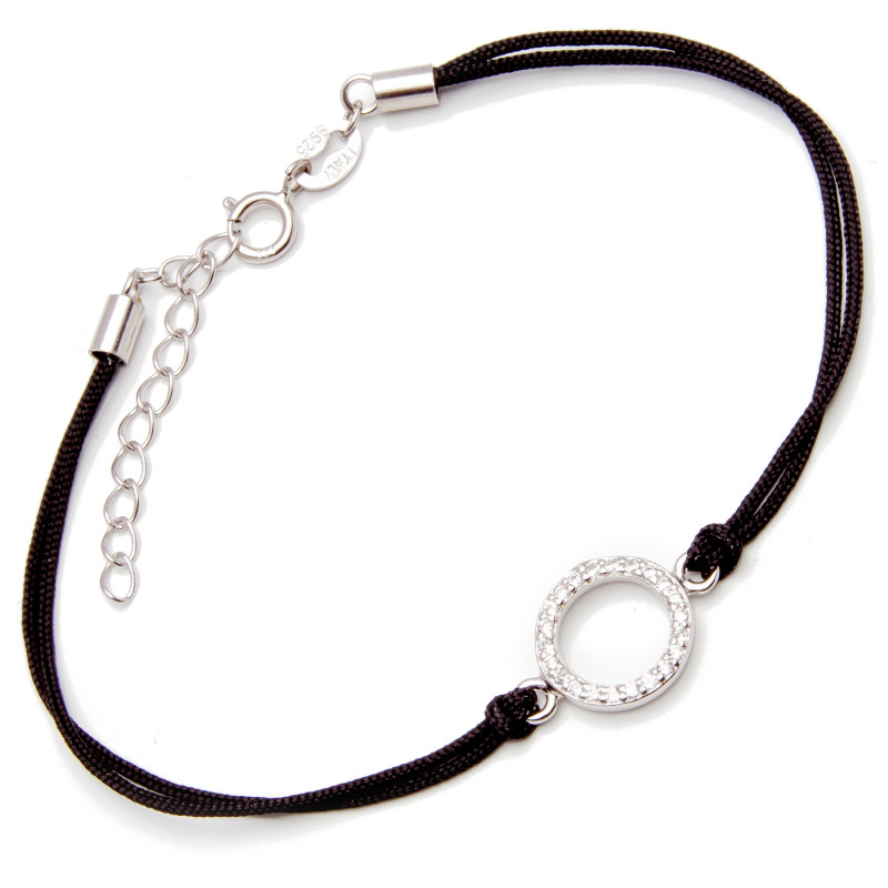 Srebrna bransoletka okrąg czarny sznurek