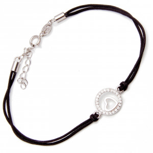 Srebrna bransoletka okrągłe serce czarny sznurek