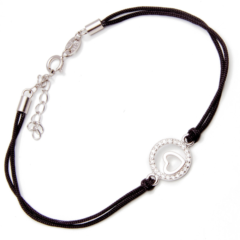 Srebrna bransoletka okrągłe serce czarny sznurek