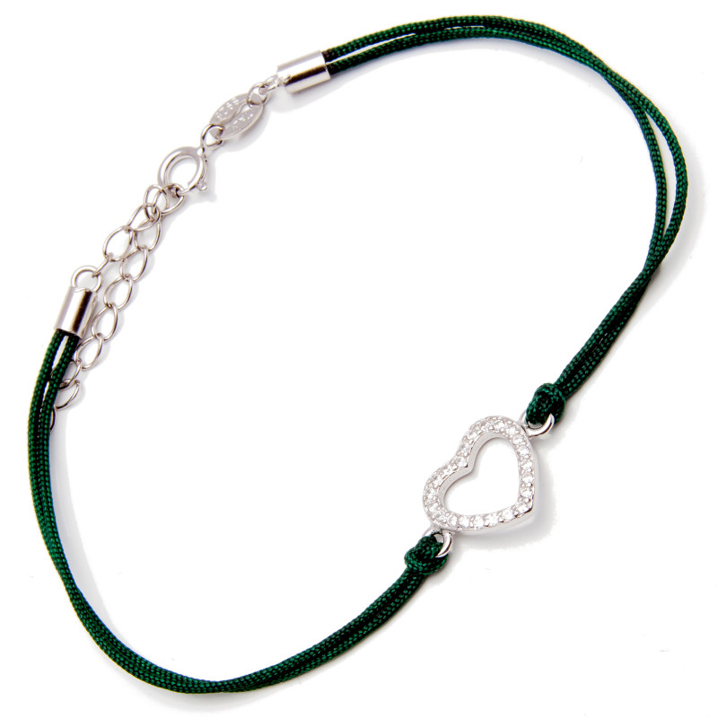 Srebrna bransoletka serduszko zielony sznurek