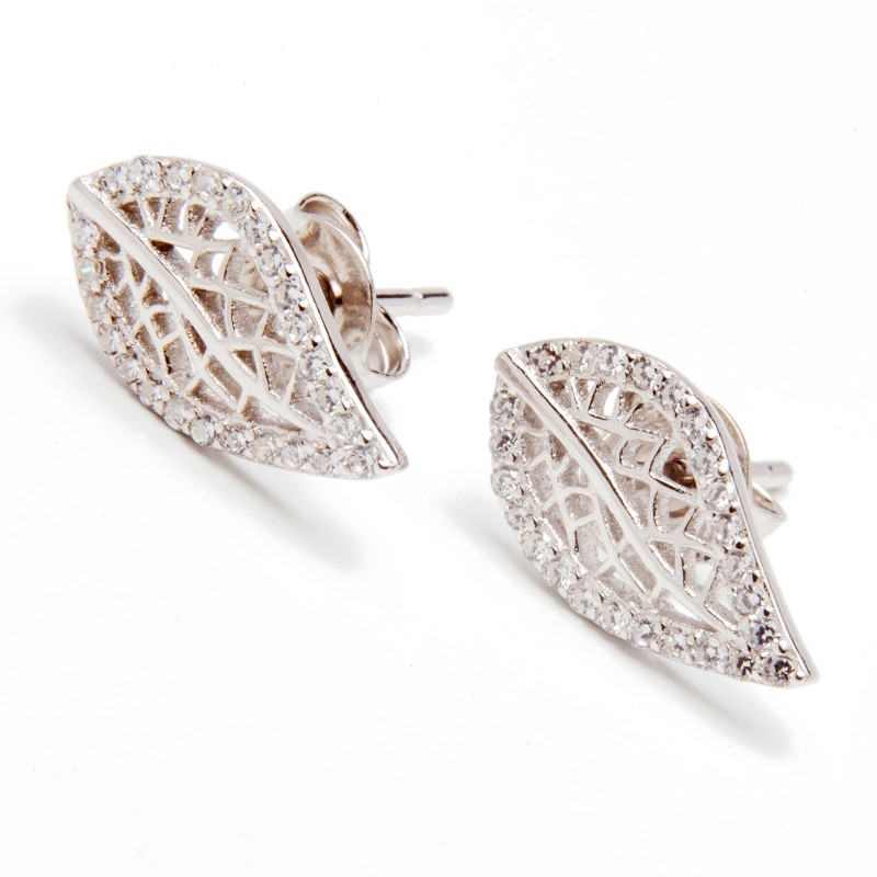 Srebrne kolczyki listek z cyrkoniami