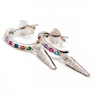 Srebrne kolczyki kółka z zawieszką kolorowe cyrkonie