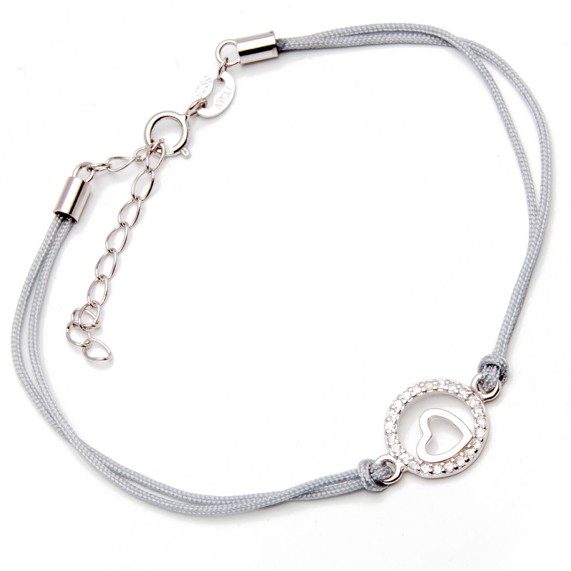 Srebrna bransoletka okrągłe serce szary sznurek