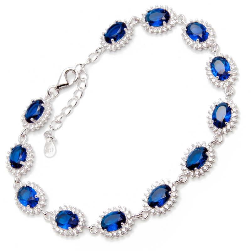 Srebrna Bransoletka Damska Piękne Owalne niebieskie Cyrkonie