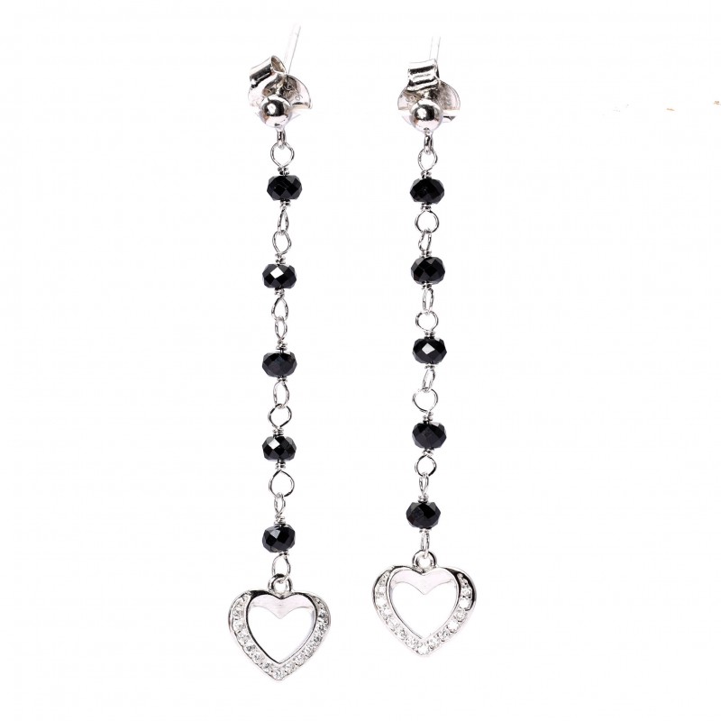 Srebrne kolczyki wiszące serca onyks