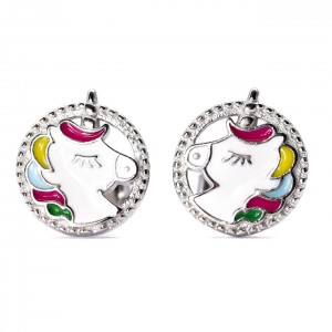 Srebrne kolczyki okrągły jednorożec