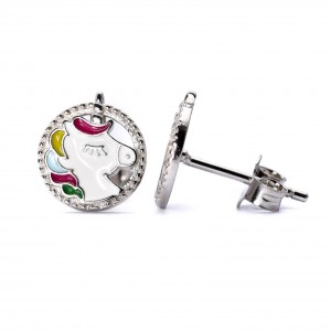 Srebrne kolczyki okrągły jednorożec