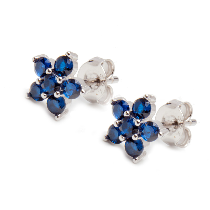 Srebrny kolczyk kwiatek niebieskie cyrkonie