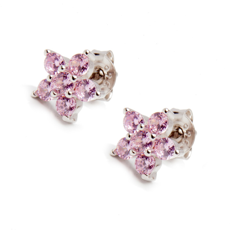 Srebrny kolczyk 925 kwiatek różowe cyrkonie