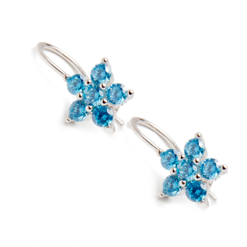 Srebrne kolczyki kwiatek niebieskie cyrkonie