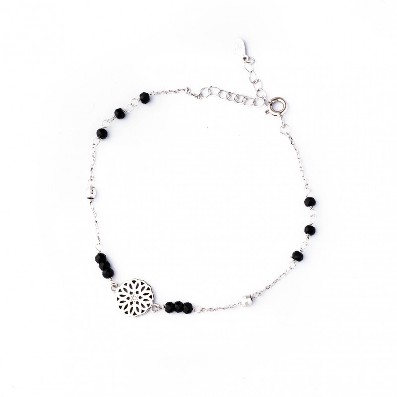 Srebrna bransoletka damska wzorzyste koło onyks