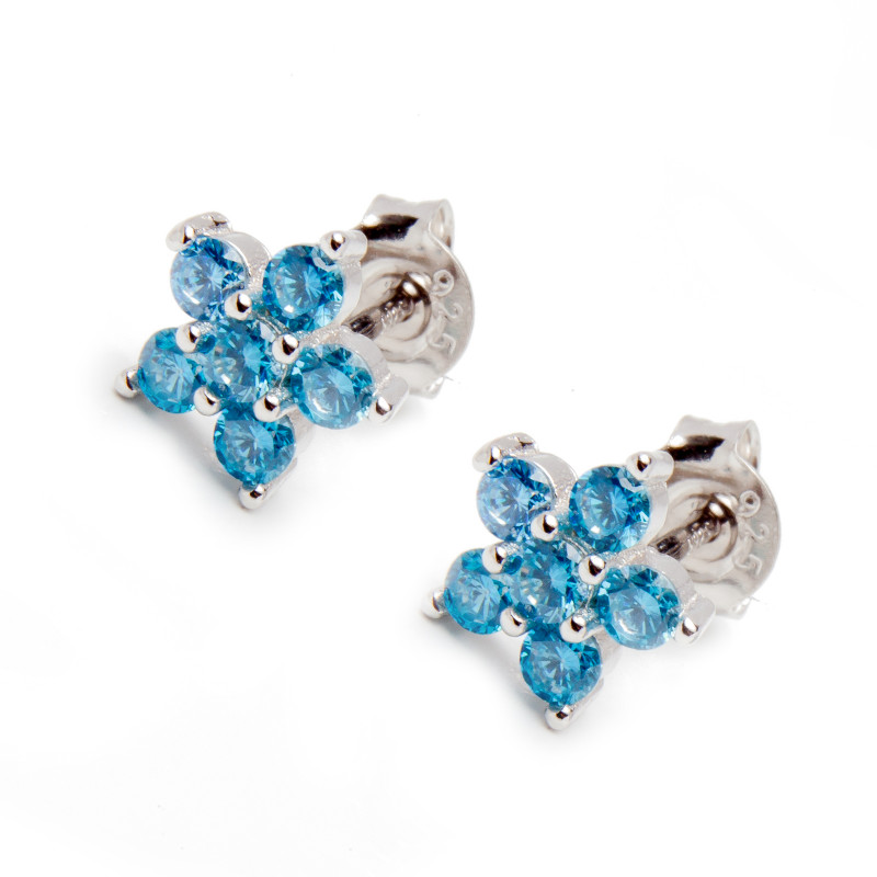 Srebrne kolczyki kwiatek niebieskie cyrkonie