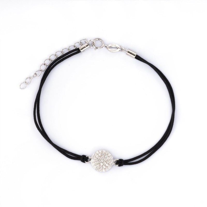 Srebrna bransoletka 925 Koło Cyrkonie Czarny Sznurek