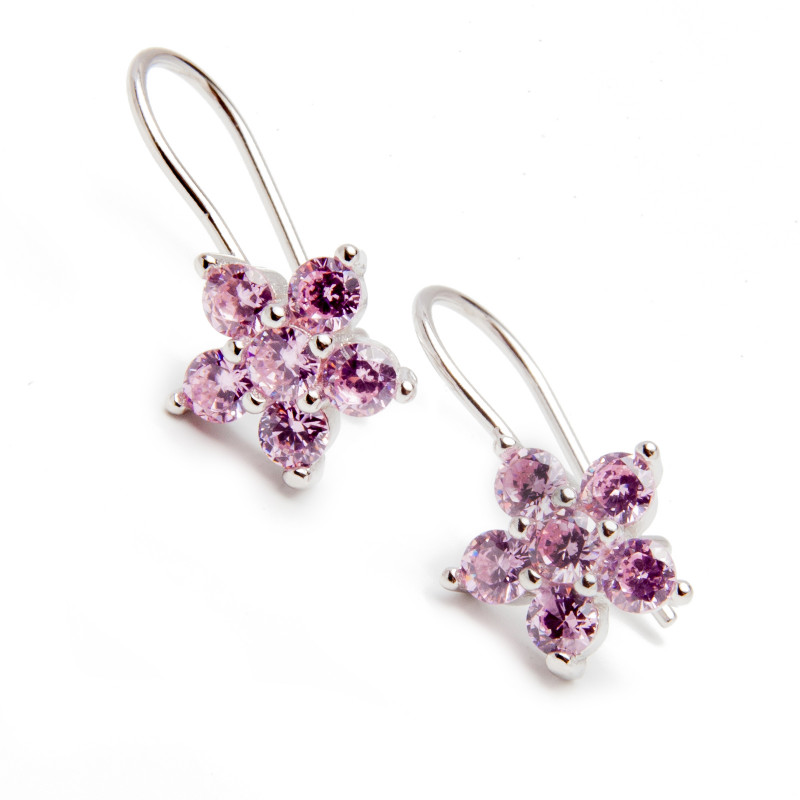 Srebrne kolczyki kwiatek różowe cyrkonie