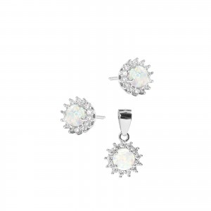 Srebrny komplet 925 kolczyki zawieszka Biały Opal II